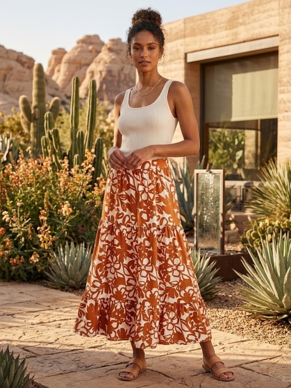 Sugarlips White and Rust Floral Tiered Maxi Skirt